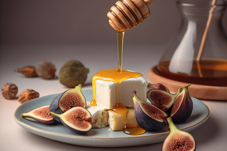 cheese plate with figs and honey, pouring honey on a piece of cheese. Generative aiの素材