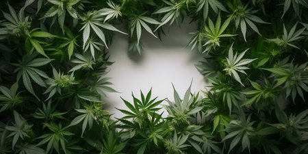 banner mockup with free space for text and green cannabis leaves on the background as a frame. Generative AIの素材