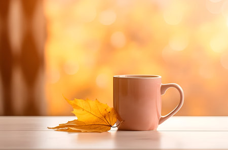 A cup of hot drink tea or coffee anf golden maple autumn leaf on the wooden table. Fall season background with copy space. Generative AIの素材