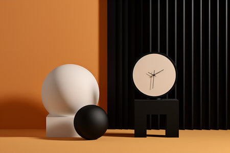 time concept mock up. alarm clock on stage podium on abstract vivid colors background. Generative AIの素材
