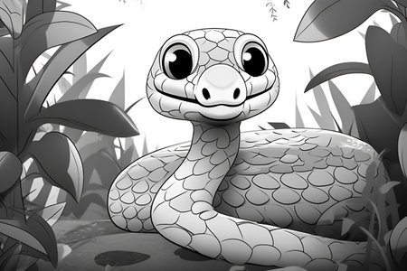 Snake cartoon style in black and white colors for drawing coloring book. Generative AIの素材