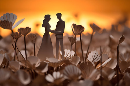 Paper cut out art, man and woman couple in the field of flowers on sunset sky background. Greeting card, love concept. Generative aiの素材