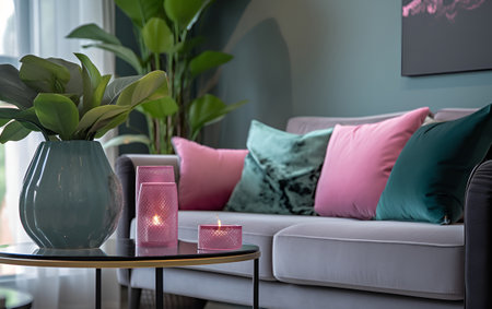 Living room interior design in barbiecolor style using trendy pink color. Generative AIの素材