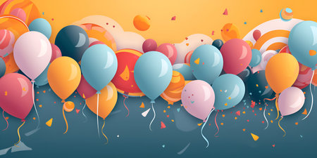 Abstract colofull air balloons on yellow and blue background. Banner template or greeting card. Generative AIの素材