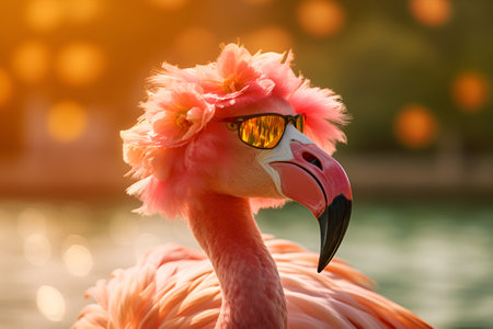 portrait of a stylish pink flamingo in yellow sunglasses. Generative aiの素材