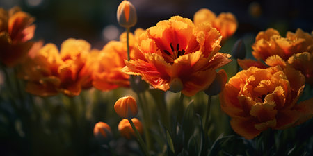 floral background, orange terry blooming tulips banner. Generative AIの素材