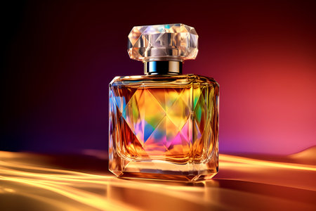 Elegant perfume bottle on bright colored background with shadows and lights. Cosmetics, fragrance and perfumery concept. Generativa AIの素材