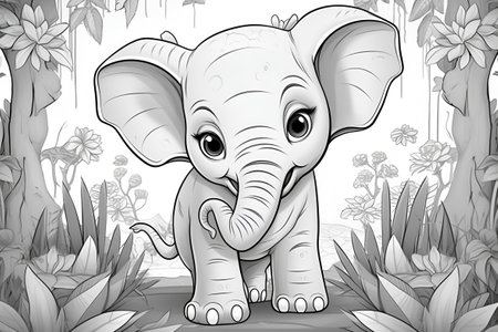 Cute little elefant cartoon style in black and white colors for drawing coloring book. Generative AIの素材