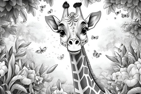 Cute giraffe cartoon style in black and white colors for drawing coloring book. Generative AIの素材