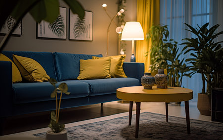 Living room interior design in yellow blue and beige colors, home lighting and cozy atmosphere concept. Generative AIの素材