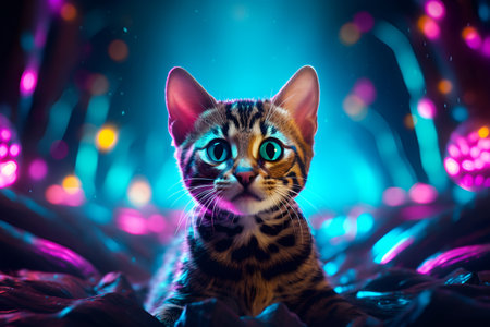 Bengal cat and vivid purple mushrooms forest, surrealistic background. Free spacefor text. Generative aiの素材
