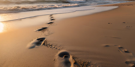 footprints on the golden sand under the setting sun by the sea. the concept of travel and recreation. Generative AIの素材