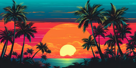 Aesthetic art collage with awesome view of nature with palm trees in the vivid colours in retro wave styleの素材