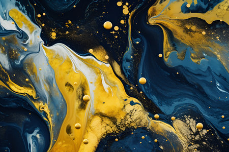abstract liquid ink art with yellow white and dark blue colors. Generative AIの素材