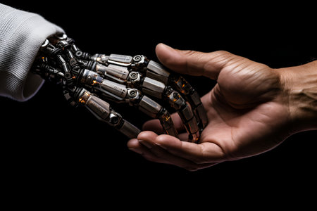 a man greets a robot by shaking his hand macro. the concept of business technologies and digital development. Generative AIの素材