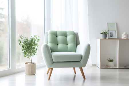 comfortable light green armchair in the white living room by the window. Stylish room interior. Generative AIの素材