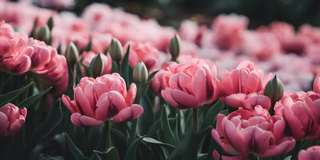 floral background, pink terry blooming tulips banner. Generative AIの素材