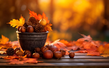 metal bowl with acorns and autumn leaves on a wooden table with a landscape of autumn on the background, copy space for text. Generative AIの素材