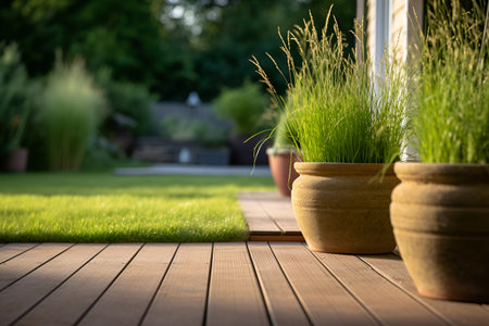 the decor of the backyard and the adjacent territory, pots with green plants on the street along the path. Generative AIの素材