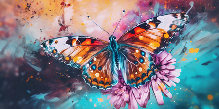 Colorful watercolor banner with butterfly and floral background. Generative AIの素材