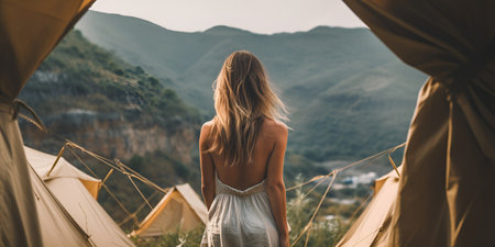 girl view from the back is standing in a tent city against the background of mountains, traveling in a wild hike. Generative AIの素材