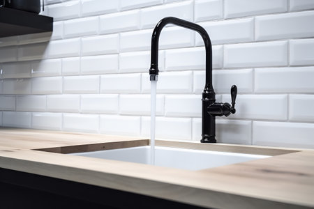 kitchen design idea, a white sink built into a wooden countertop and a black kitchen faucet from which water flows. Generative AIの素材