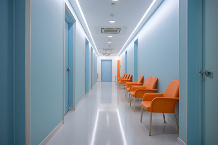 orange waiting chairs in blue long hall with doors in modern hospital. Free space for text. Generative AIの素材