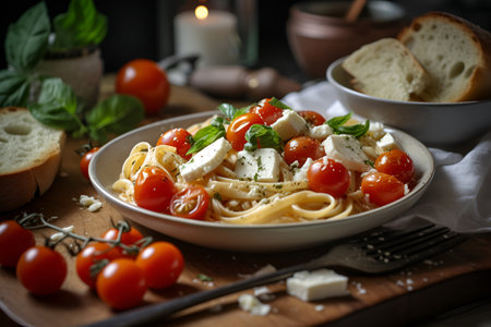 A portion of healthy vegetarian feta cheese pasta with cherry tomatoes, a portion on white plate. Generative AIの素材