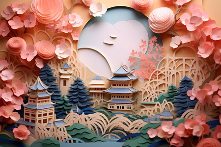 Paper cut art design. Japanese nature and architecture landscape made in origami design and paper layers in pastel colors. Generative AIの素材