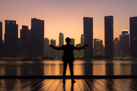 Confident businessman stands with his hands raised and looking at the silhouette of cityscape at twilight. Generative AIの素材