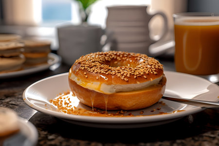 Portion od dessert, fresh oven baked bagels with sesame on plate on the table. Free space for text. Generative AIの素材