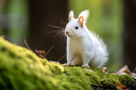 White squirrel in the forest, green nature background. Generative AIの素材