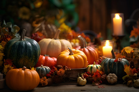 Thanksgiving harvest pumpkins with falling leaves on rustic wooden table in autumnの素材