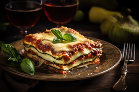 Zucchini Lasagna presented on a vintage plate on dark wooden background. Generative AIの素材