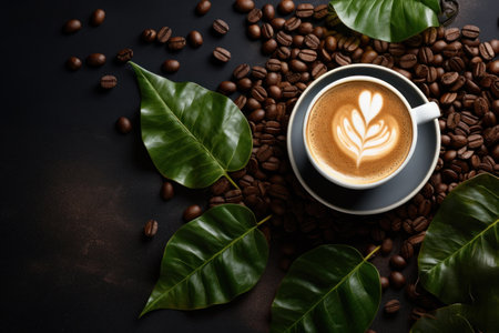 Cup of cappuccino coffe with coffee beans and green leaves on black background. Festive and inviting banner mockup for International Coffee Day with free space for text. Generative AIの素材