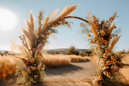 Country decoration of wedding arch in boho style in the autumn fields of wheat. Generative AIの素材