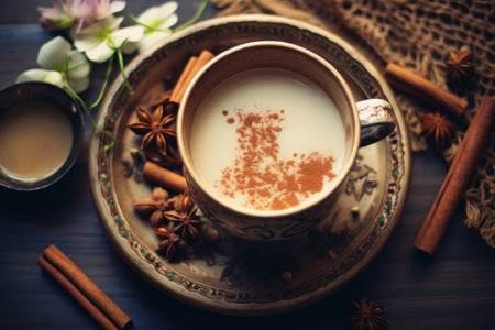 traditional indian tea drink - masala chai with spices on brown table background, flat lay top view. Generative AIの素材