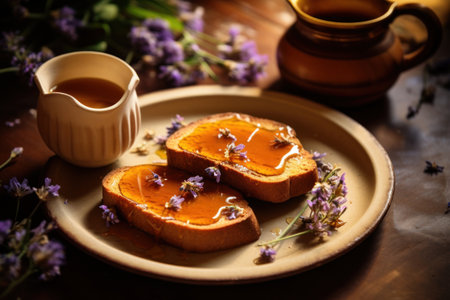 Honey toasts with lavender served on a vintage ceramic platte. Generative AIの素材