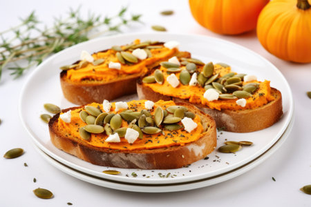 Pumpkin Puree Toasts on white ceramic plate on white background with pumpkins. Autumn meal concept. Generative AIの素材