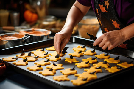 woman hands making Halloween themed cookiesの素材