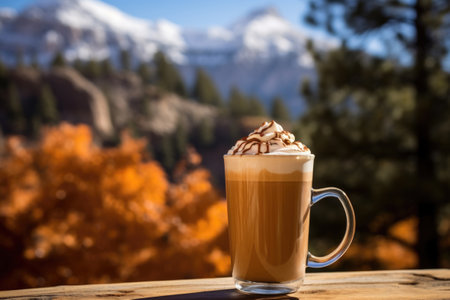 Pumpkin Spice Latte in tall glass on wooden table outdoors with autumn mountainous view on the backgroundの素材