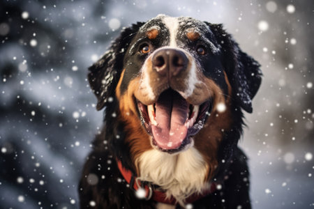 Smiling Saint bernard dog outdoors in winter under snowの素材