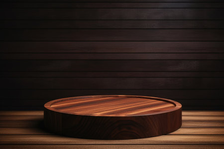 wooden dark brown round podium pedestal on wooden backgroundの素材