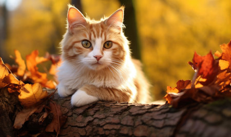 fluffy cat comfortably perched on the wood in autumn forest with golden leaves on treesの素材