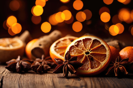 Traditional Christmas spices and dried orange slices, dried ginger and anis on wooden holiday background with free space for textの素材
