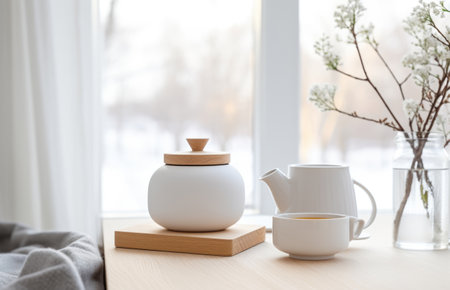 White Teapot and white cup on wooden table in living room in scandinavian style. Morning breakfast and window with winter viewの素材