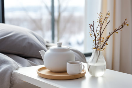 White Teapot and white cup on wooden table in living room in scandinavian style. Home breakfast in winter morningの素材