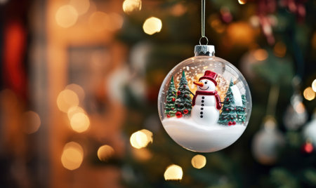 Happy snowman in the christmas round ball bauble hanging on Christmas fir tree, free space for text, Christmas backgroundの素材
