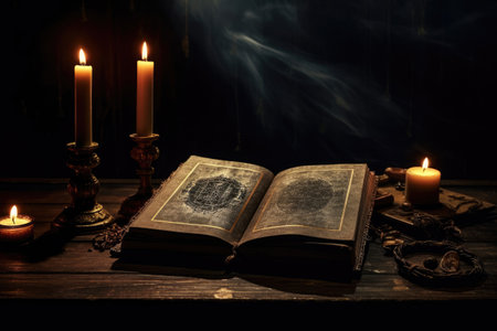Magic ritual book and burning candles on the table in dark roomの素材