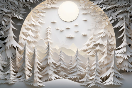 Paper cut out craft, Winter and Christmas concept, firs and moon elements carved from paperの素材